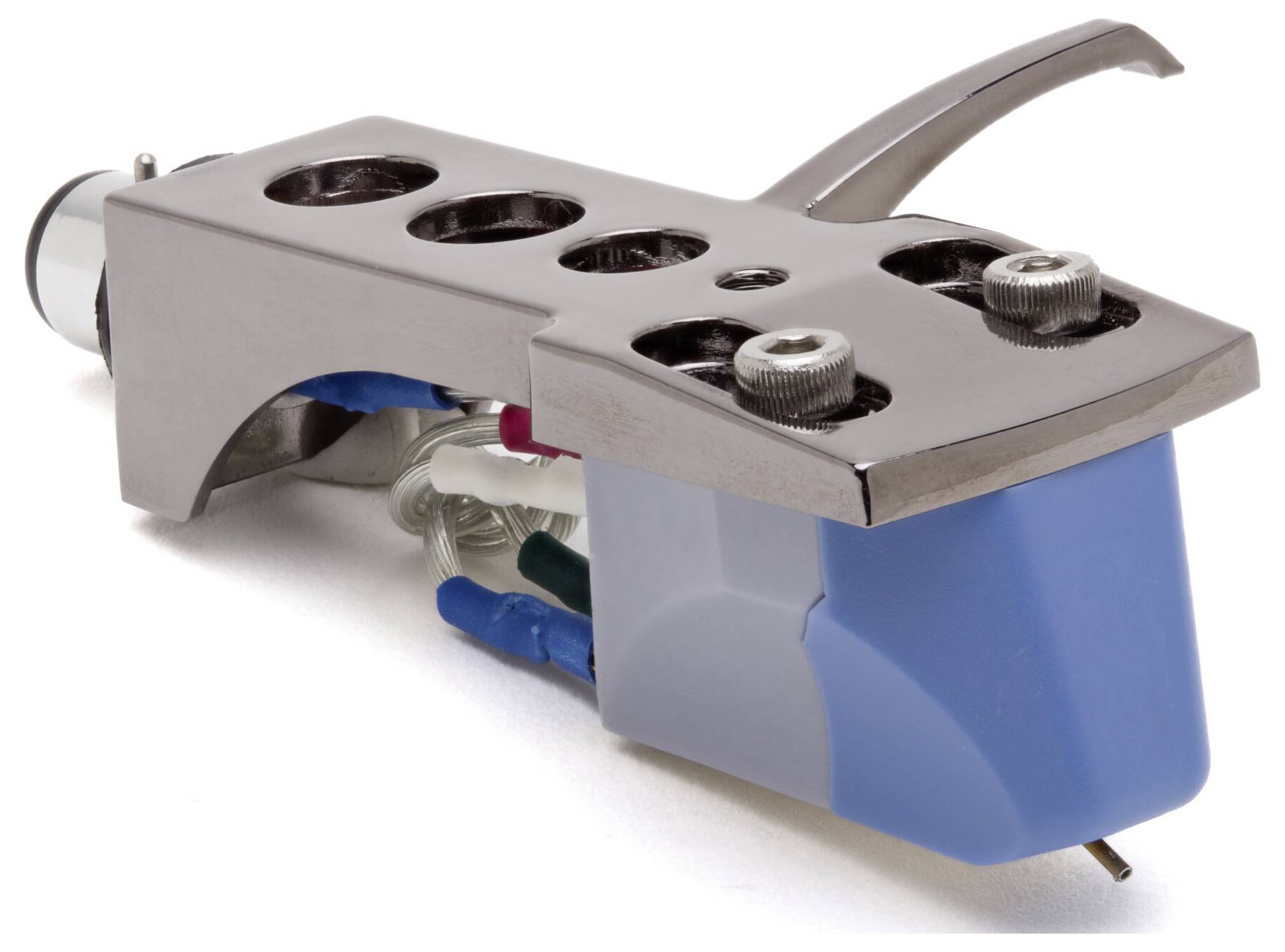 A close-up of a turntable cartridge with a blue stylus, metal screws, and a metal-tone arm.