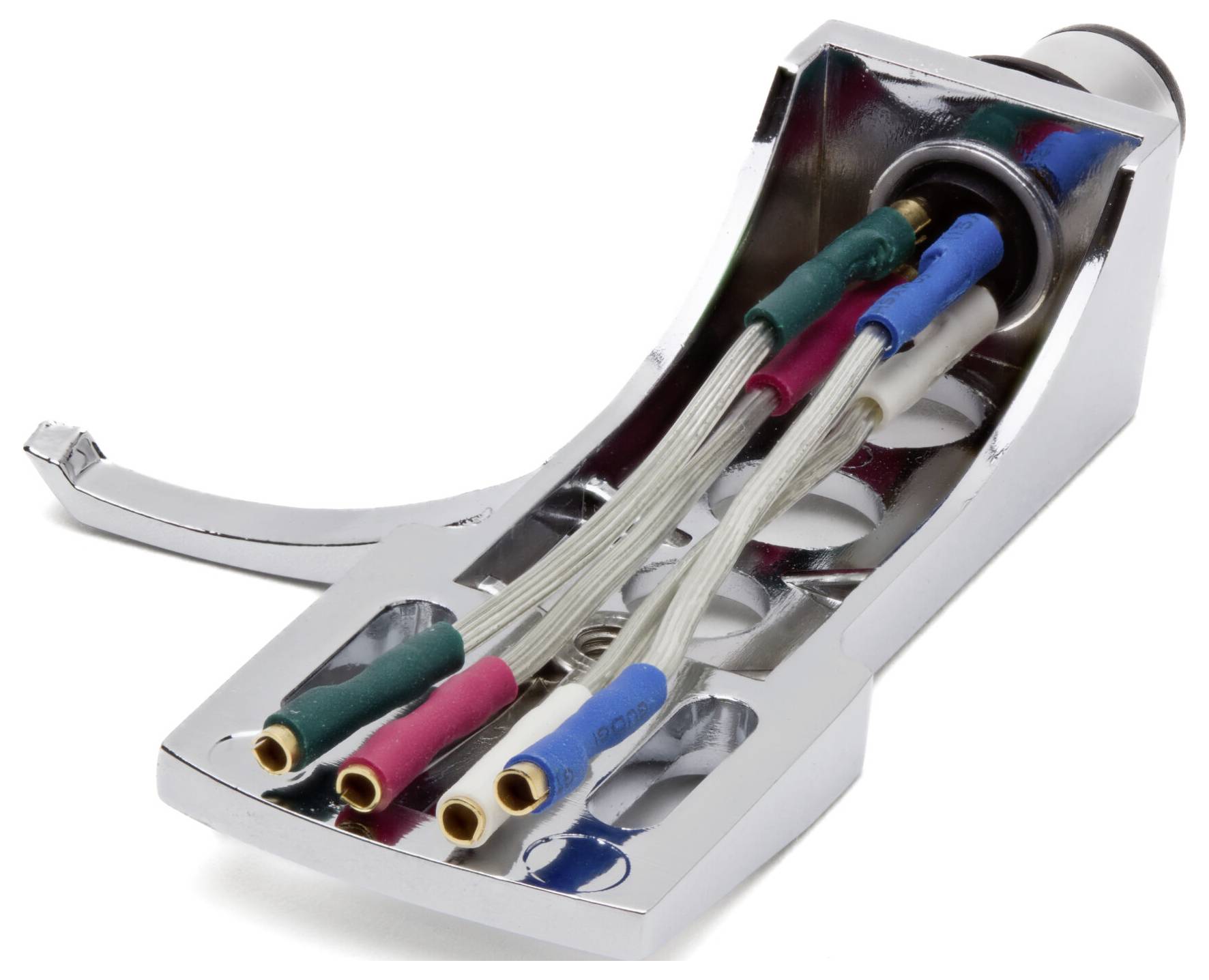 A close-up of a turntable tonearm headshell with four colored wires for connecting a cartridge, shown against a white background.