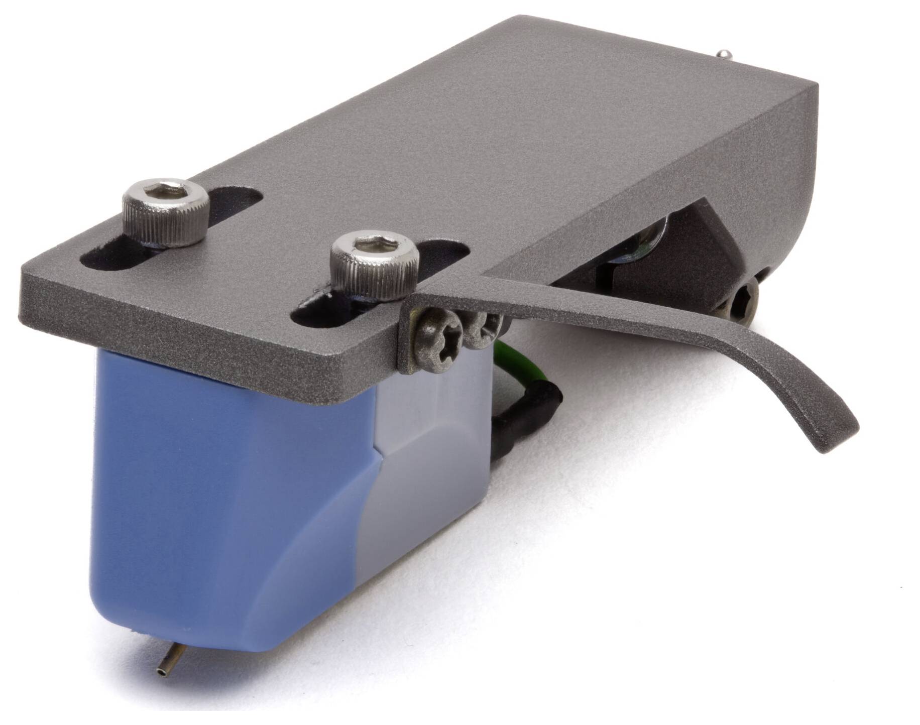 Turntable cartridge with a grey and blue casing, featuring mounting hardware on top and a needle protruding from the bottom for vinyl playback.