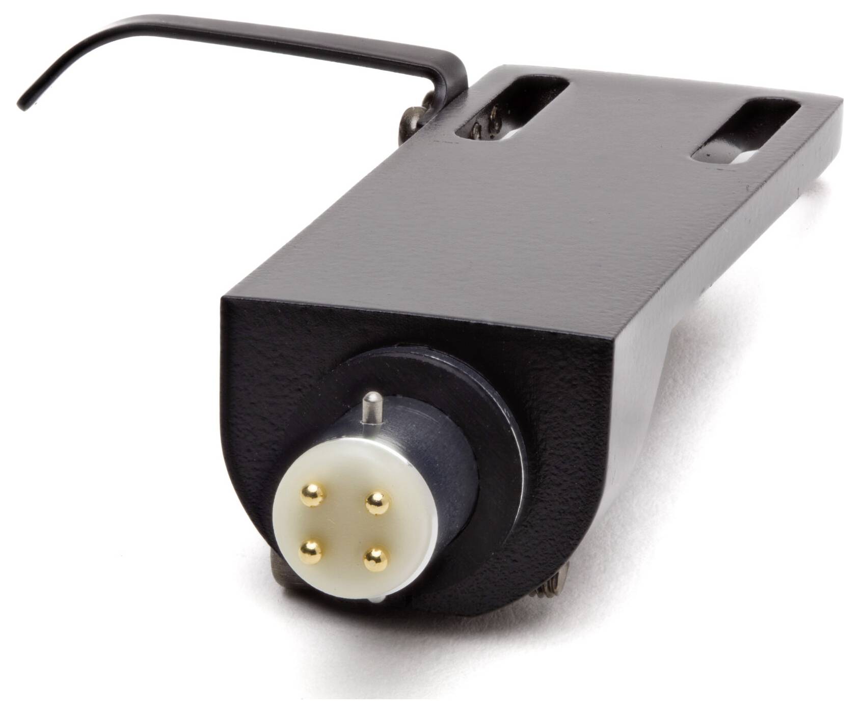 Black turntable headshell with a circular connector featuring four gold-plated pins.