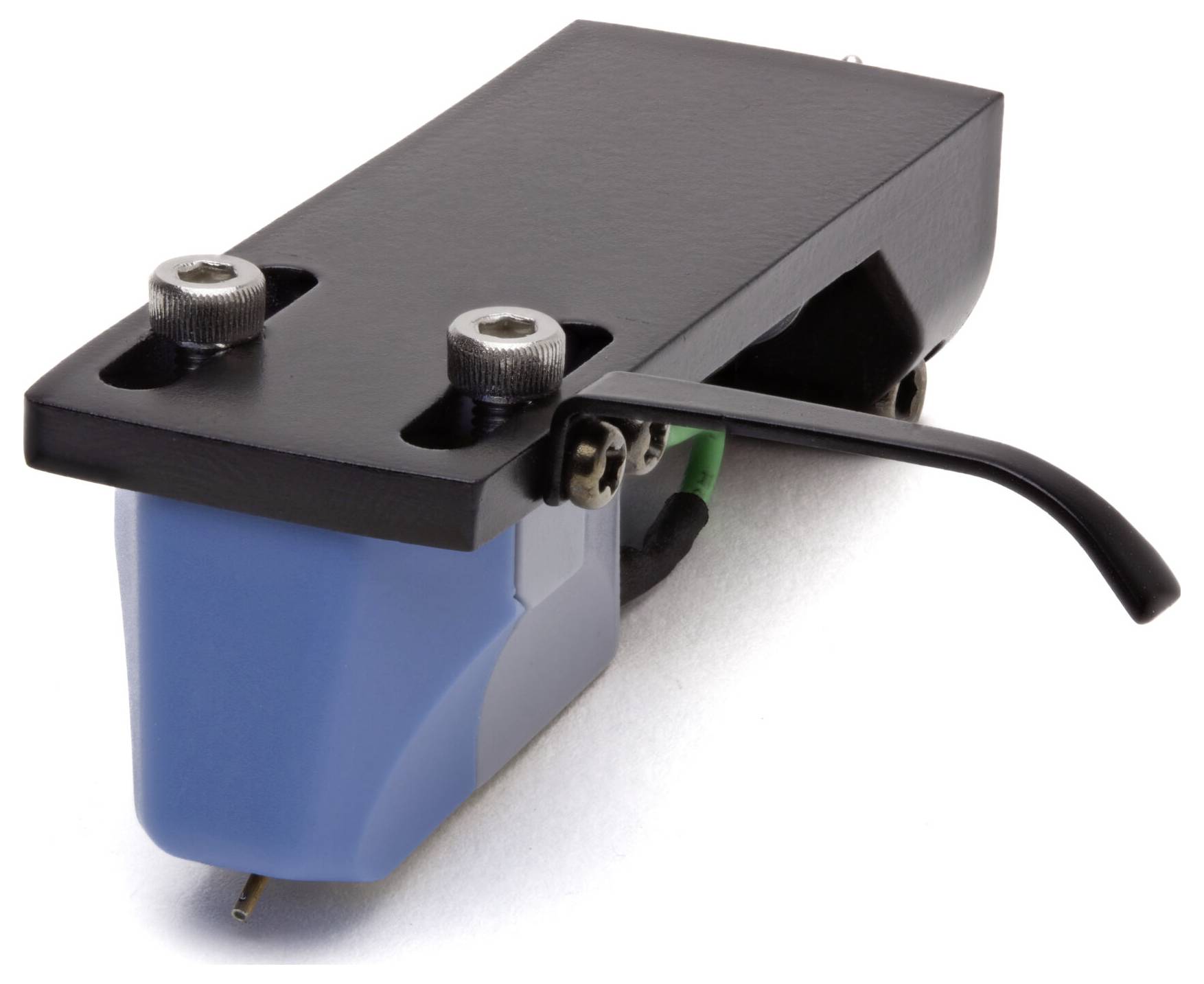 A black and blue phono cartridge with two silver knobs and a needle, used in turntables to play vinyl records.