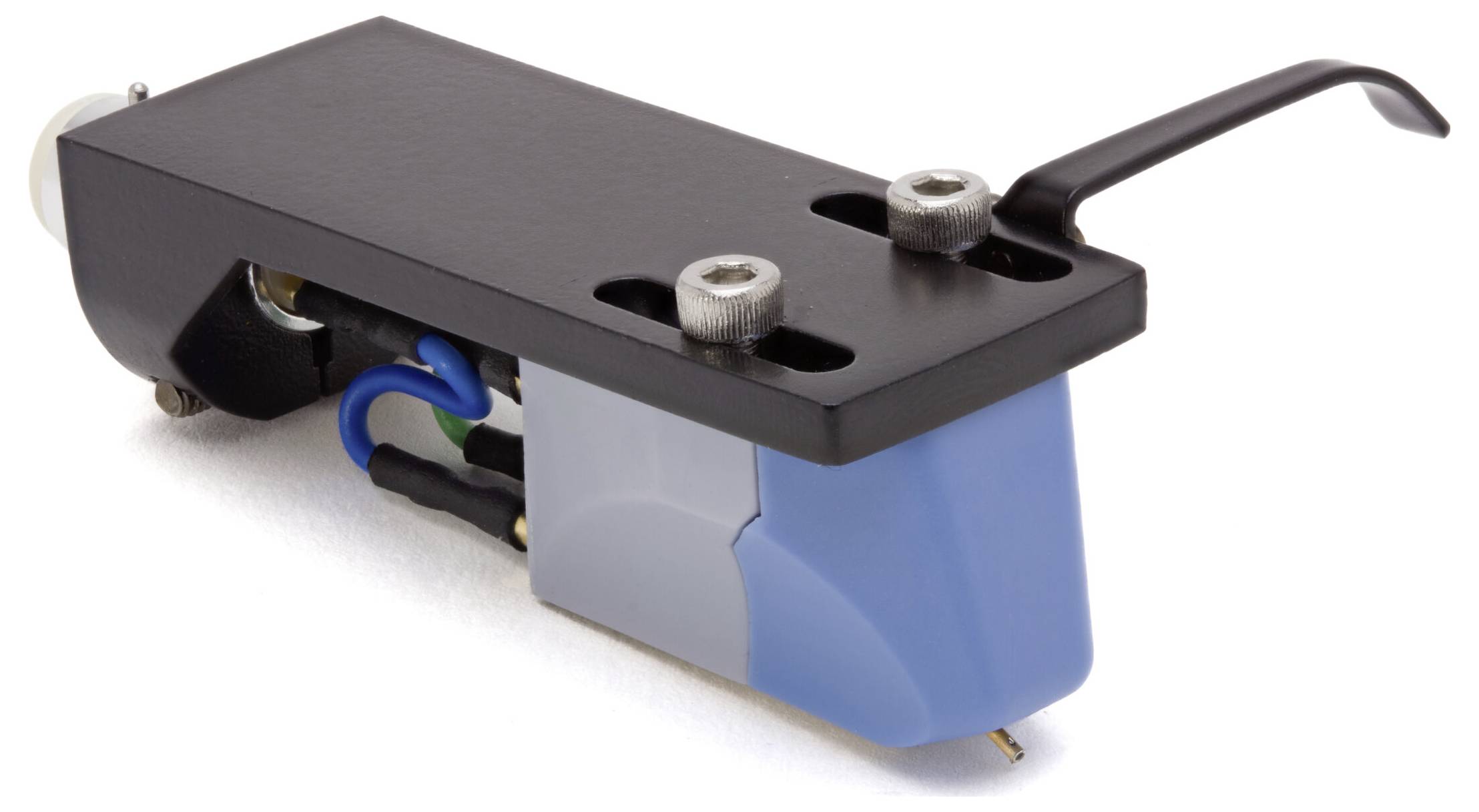 A blue and black phono cartridge and stylus for a turntable, showing wires and connectors.