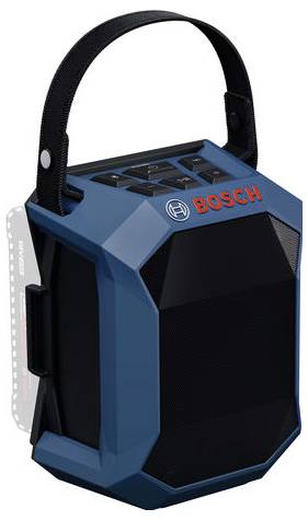 Portable blue Bosch speaker with a black handle, showcasing control buttons on top. Designed for durability and easy transport.