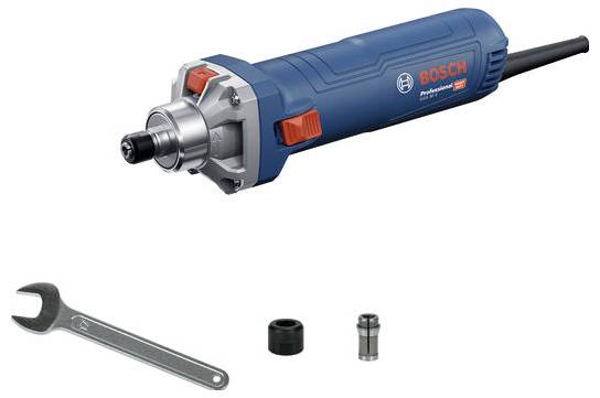 A blue Bosch power tool with a rotating head, accompanied by a wrench, collet nut, and collet. Suitable for precision grinding tasks.