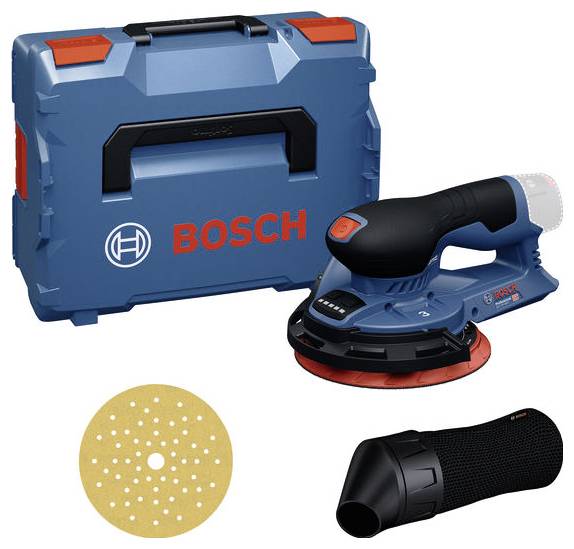 Electric sander with dust attachment and sanding disc, displayed in front of a blue Bosch tool case.