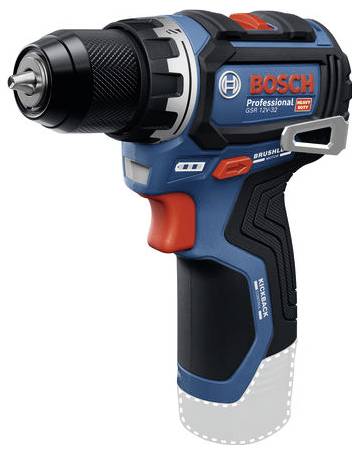 A cordless Bosch Professional drill with a black chuck, blue and red body, and ergonomic grip, showcasing durability and precision.