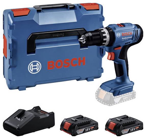 Cordless drill kit with charger and two batteries, branded 'Bosch Professional', includes a blue carrying case.