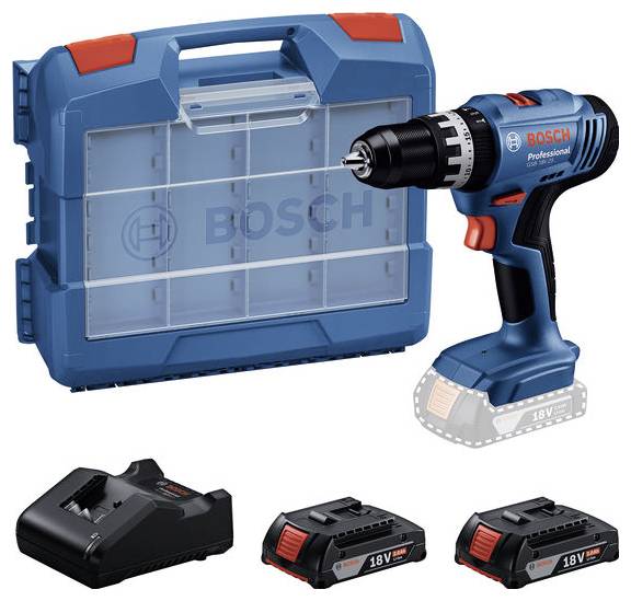A blue and black cordless drill with a carrying case, charger, and two 18V battery packs, branded as Bosch Professional.