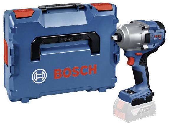 A Bosch cordless impact wrench with a blue and red tool case. The wrench is shown in a side view, highlighting its compact design.