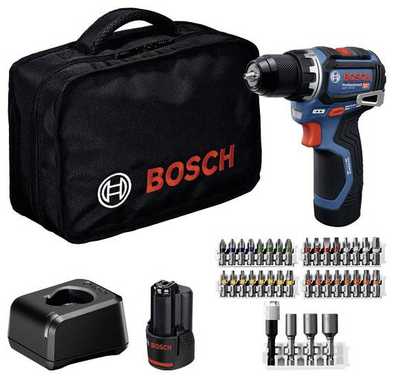 Bosch cordless drill kit with case, charger, battery, and a variety of drill bits, showcasing a complete toolset for drilling tasks.
