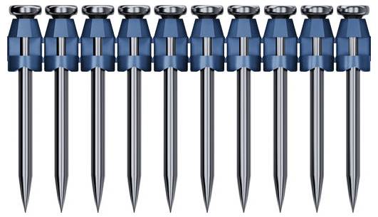 Ten blue and silver rounded pegs arranged in a straight horizontal line.