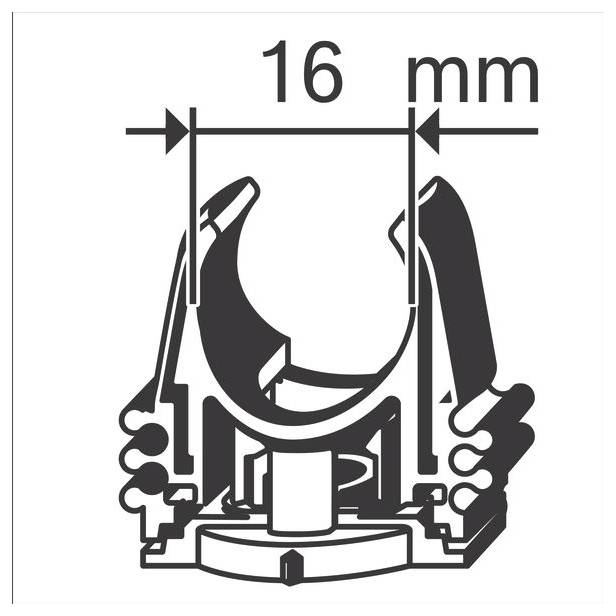 Illustration showing a clamp with a width labeled '16 mm', indicating the spacing between the clamp's arms.