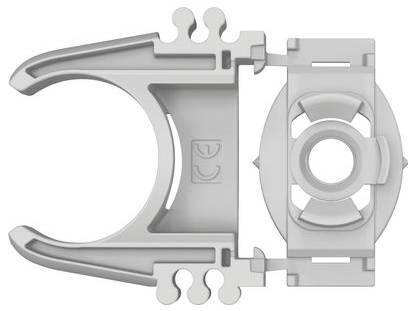 A gray plastic clip with a circular hinge and two prongs for securing cables or tubing.