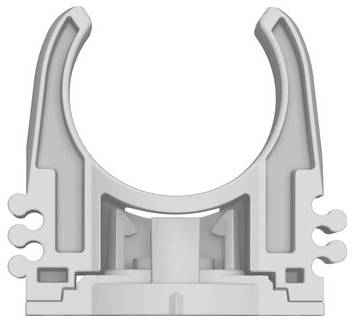 A gray plastic pipe clip with a circular opening at the top, designed to secure and support cylindrical objects, shown in a frontal view.