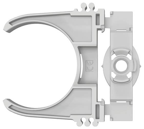 A gray plastic bracket with an adjustable circular grip, designed for holding cylindrical objects, viewed from above.