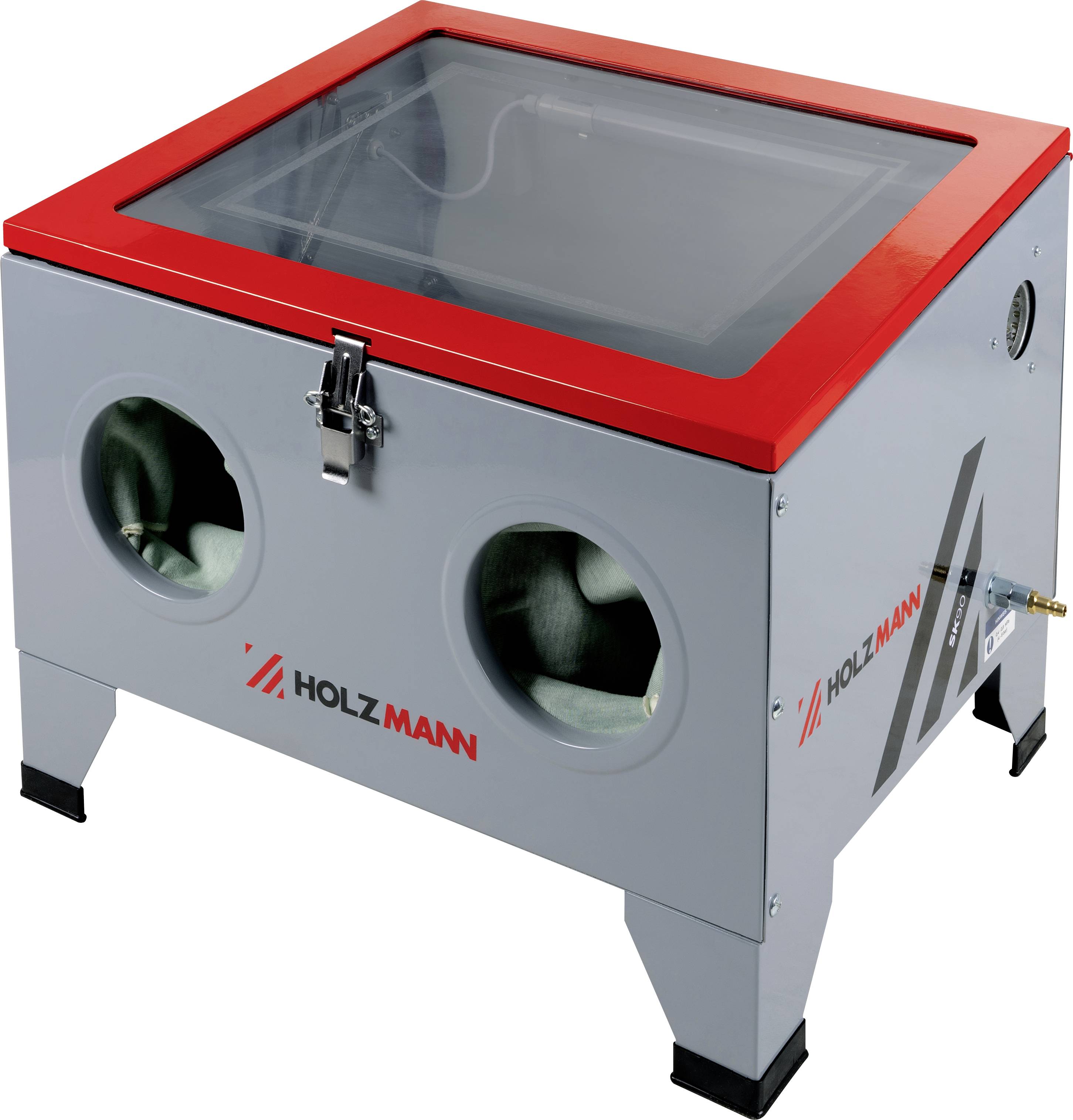 'A gray and red sandblasting cabinet with two armholes and a glass top, labeled 