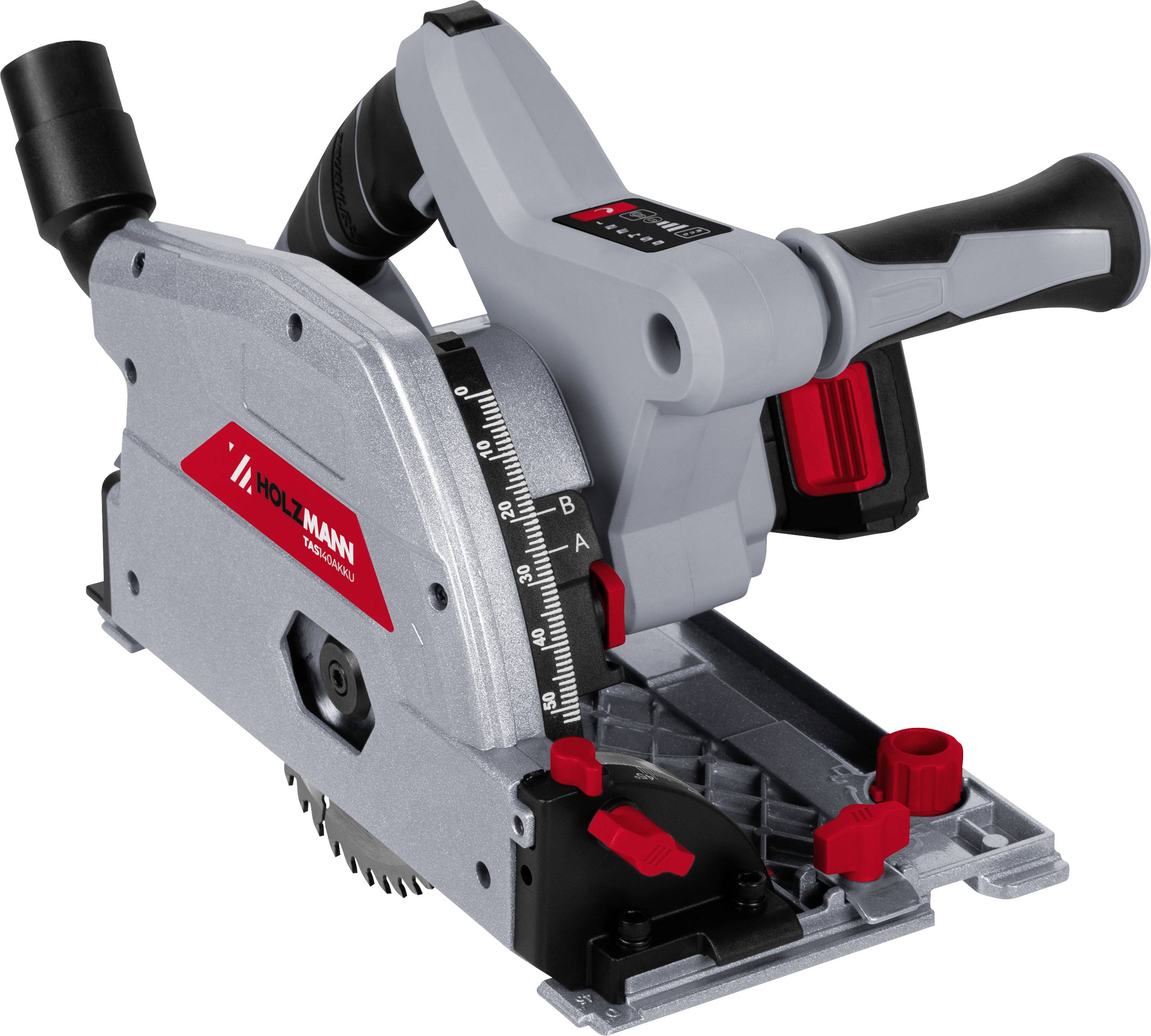 A power saw with a grey and red design, featuring a handle and a measurement gauge. The blade is partially visible underneath.