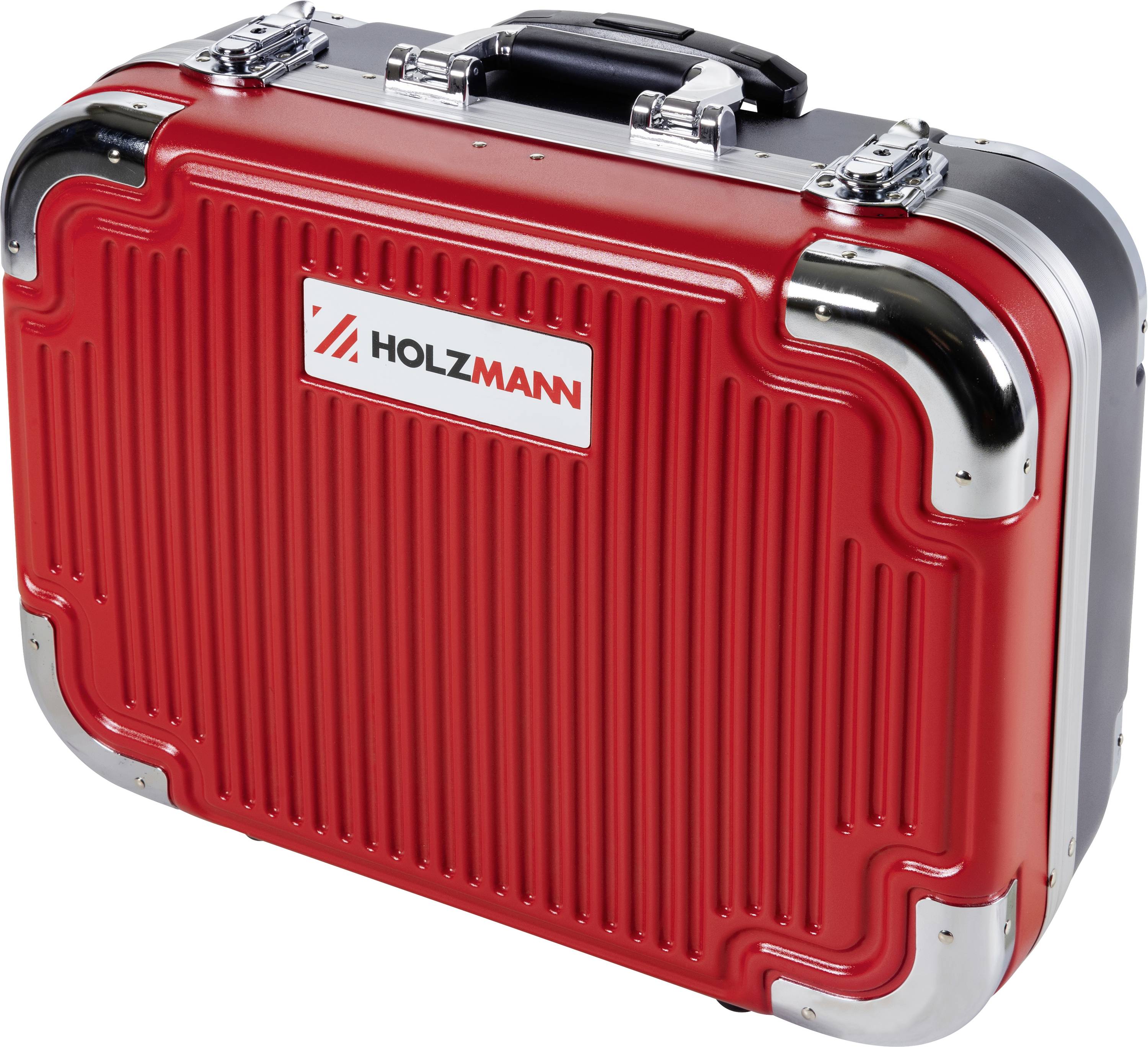 Red hard-shell toolbox with metal corners and a black handle, featuring the 'Holzmann' logo on the side.
