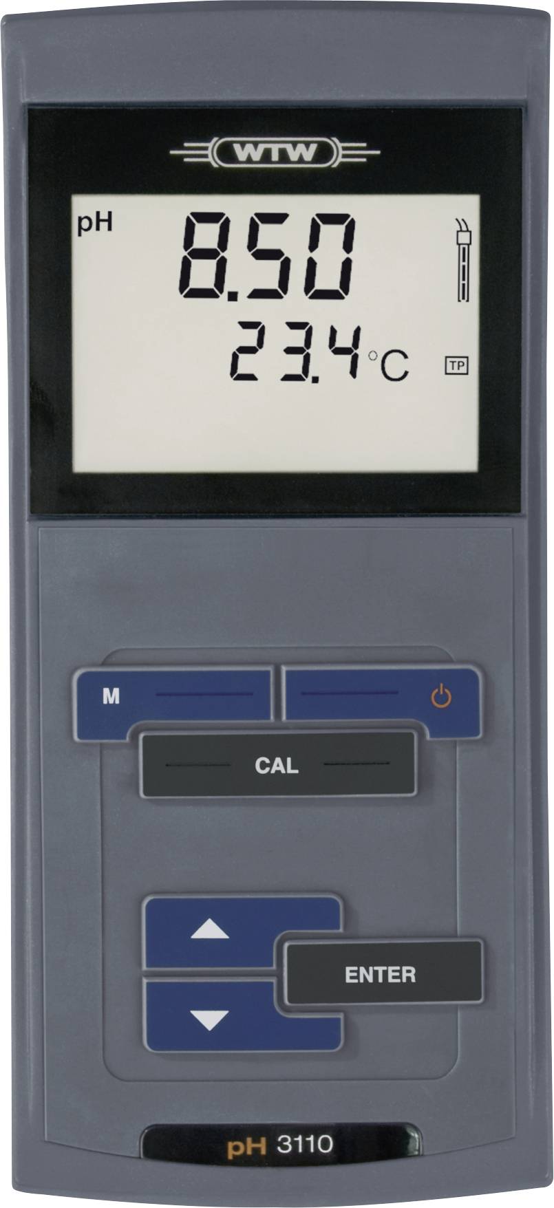 A digital pH meter displays '8.50' and temperature '23.4°C'. The device has buttons for measurement, calibration, and data entry.