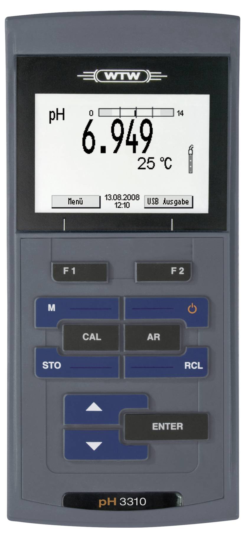 A digital pH meter displaying a pH reading of 6.949 and a temperature of 25°C. The device has multiple function buttons.
