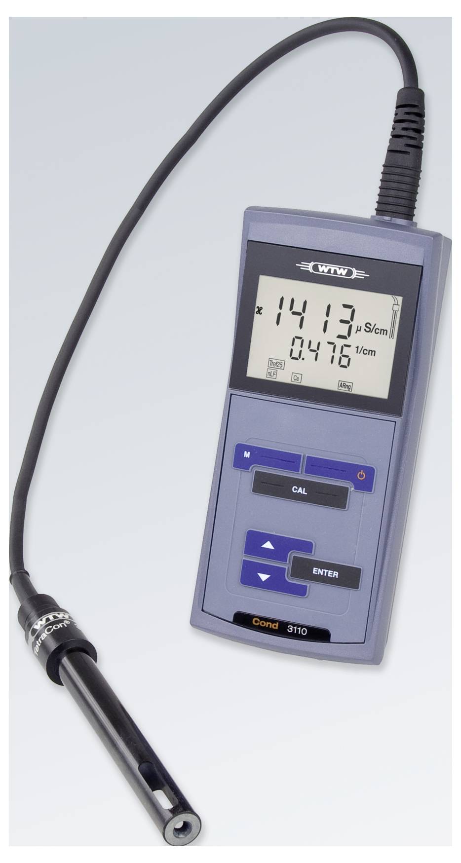 A handheld digital conductivity meter with a wired probe, displaying readings of '141.3 μS/cm' and '0.476 μS'.