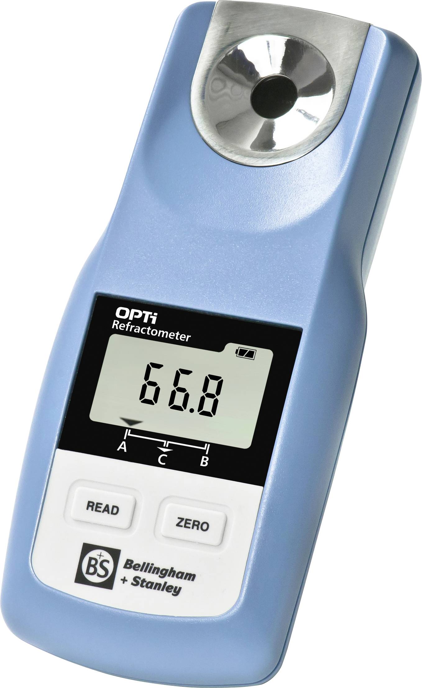 A handheld digital refractometer displaying '66.8' on its screen with control buttons labeled 'READ' and 'ZERO', branded 'Bellingham + Stanley'.
