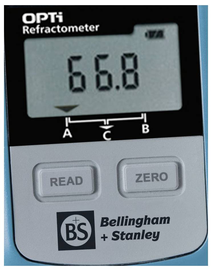 Digital refractometer display reading '66.8'. Buttons labeled 'READ' and 'ZERO'. Brand 'Bellingham + Stanley' visible below.