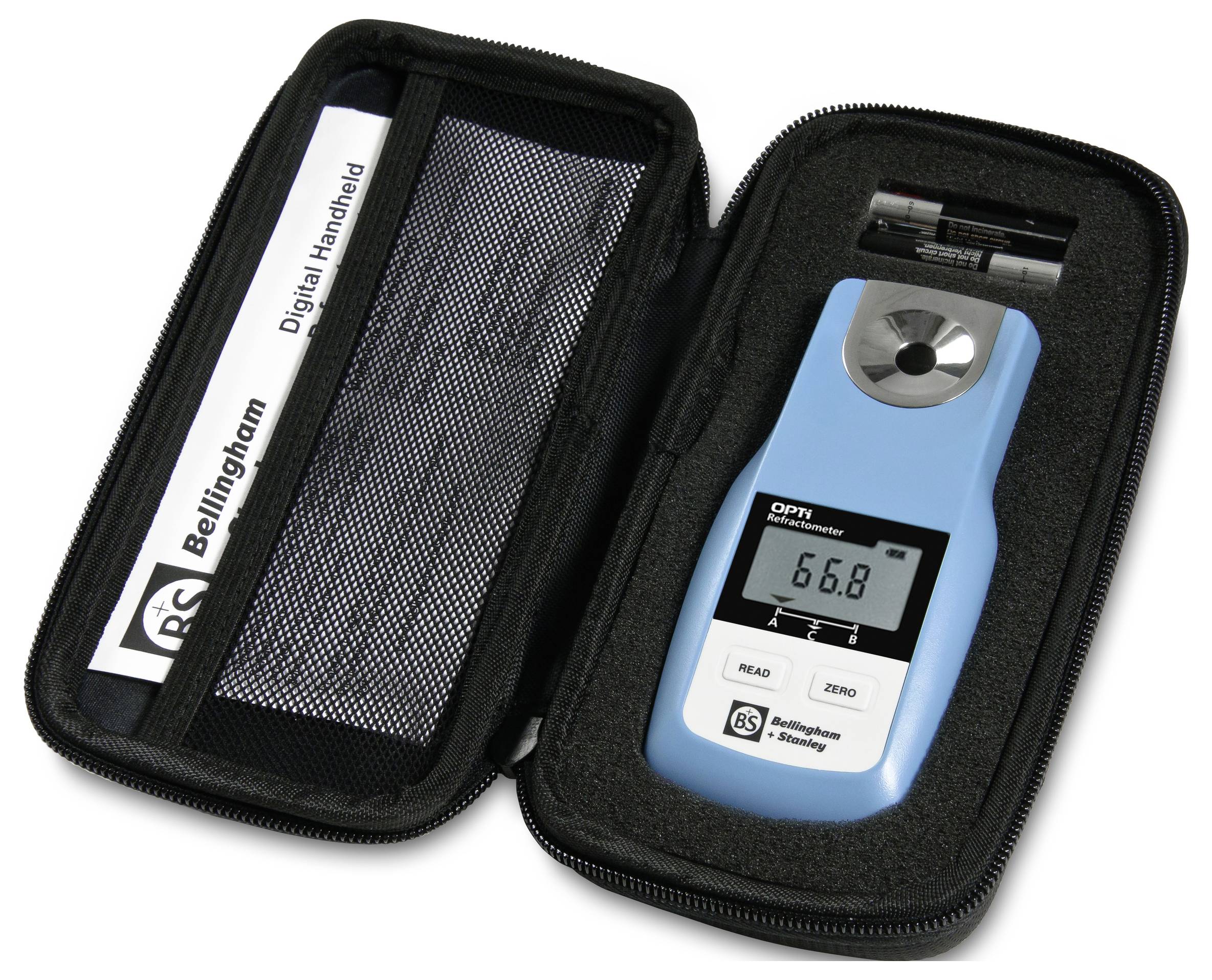 Portable refractometer in a case, showing a digital display reading '66.8'.