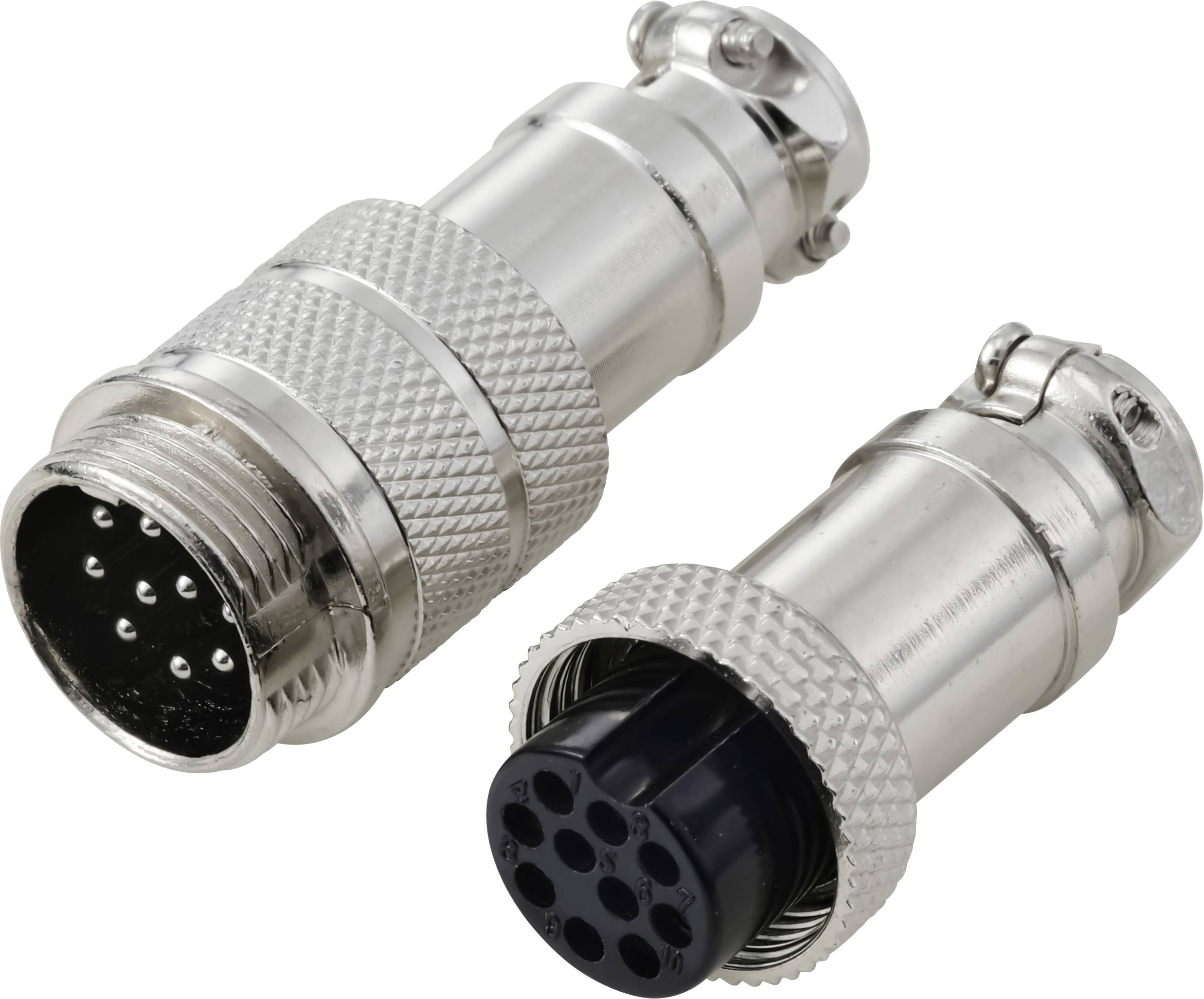 Two metallic circular electrical connectors with multiple pins and a rugged exterior finish. One connector is male, the other female.