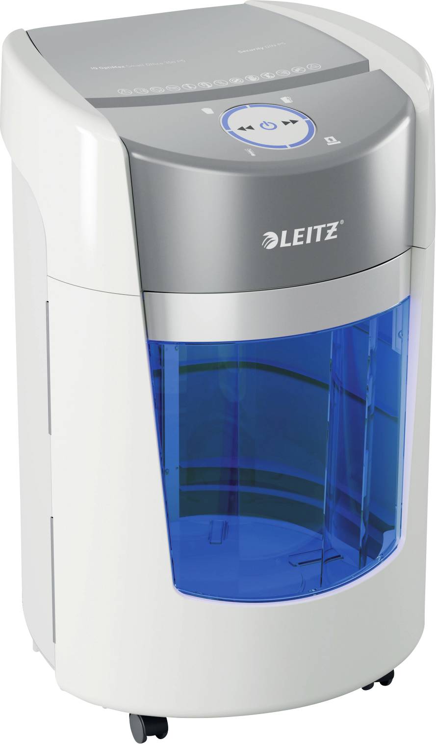 A white and gray electric paper shredder with a translucent blue waste bin and control buttons on top.