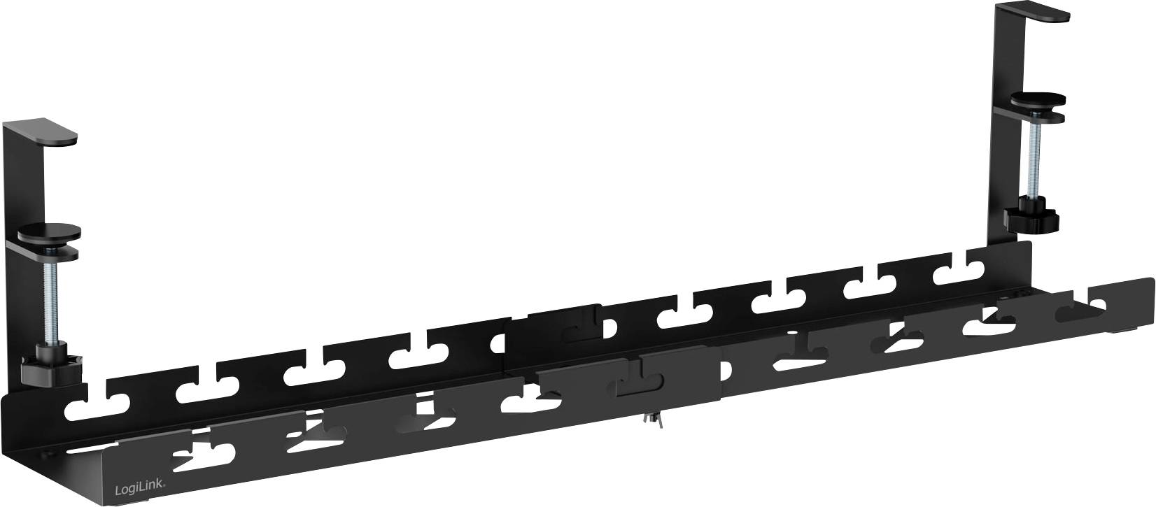 'LogiLink' cable management tray with black metal frame, mounts using adjustable clamps. Offers multiple slots for organizing cables.