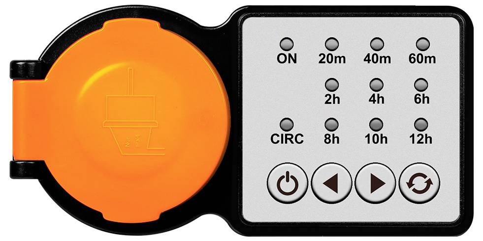 Orange and black control panel with buttons for timer settings: ON, 20m, 40m, 60m, CIRC, 2h to 12h, power, and start.