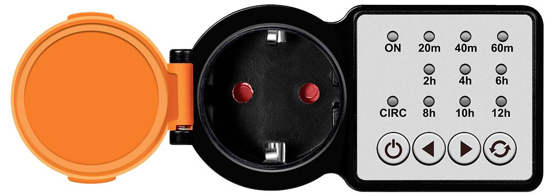 Programmable electrical outlet timer. Left: socket with open safety cover. Right: buttons for ON, CIRC, time intervals, and power.