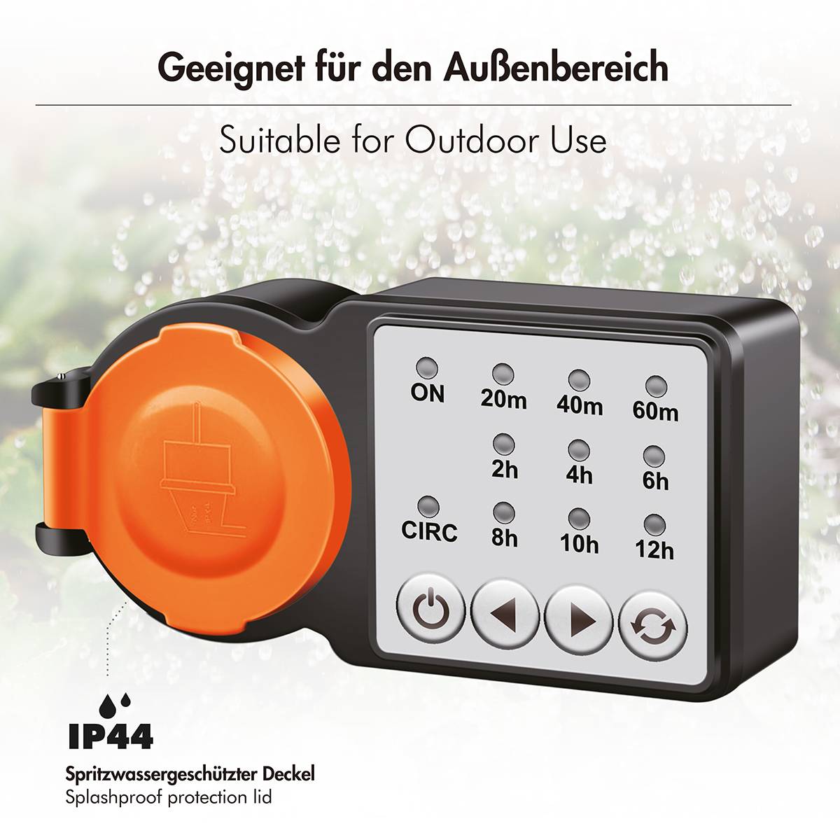 A timer device for outdoor use with an IP44 splash-proof cover, showing options for timing settings at intervals of 20, 40, and 60 minutes.