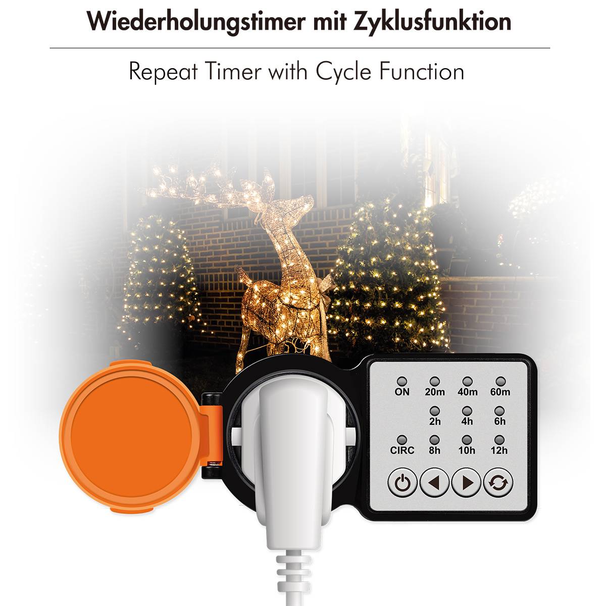 'Repeat Timer with Cycle Function' shown plugged into an outlet, with its settings visible. Background features decorative lit reindeer.
