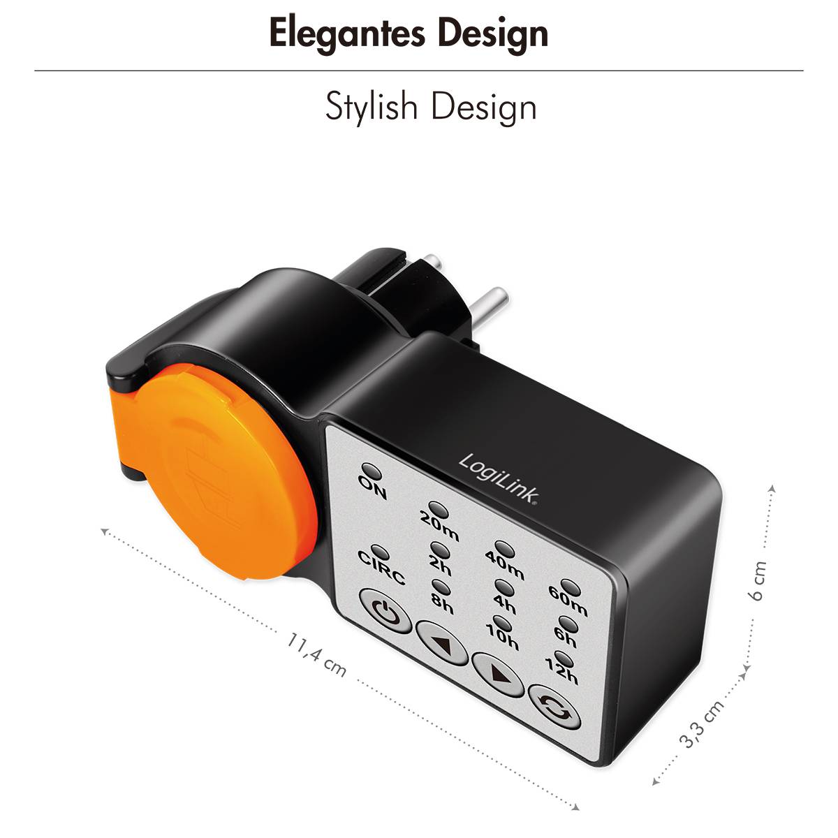 'Stylish Design' power timer plug with LogiLink branding, showcasing a button panel and measurement labels: 11.4 cm x 6 cm x 3.3 cm.