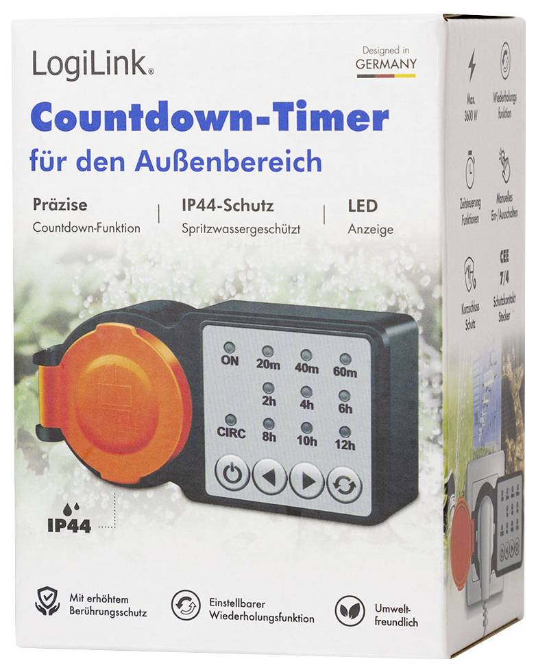 'LogiLink Countdown Timer für den Außenbereich' packaging, showing a weather-resistant timer with various time intervals from 10 to 120 minutes, IP44 protection, and LED display. Designed in Germany.