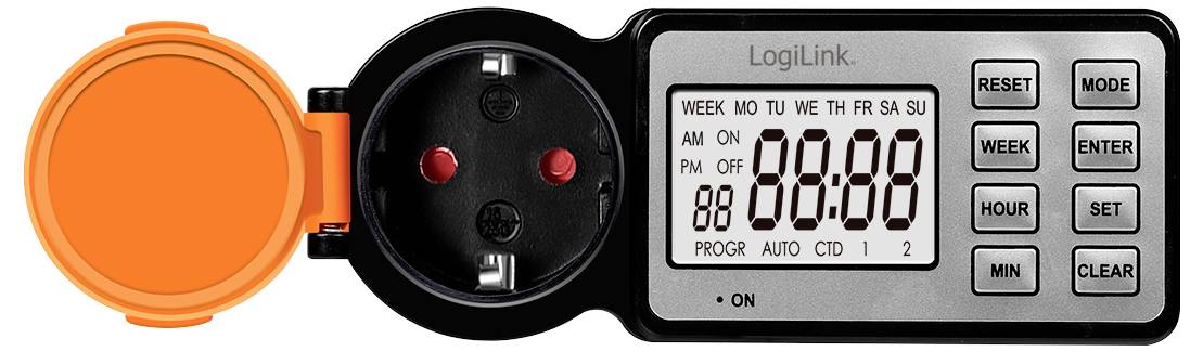 A digital timer switch with a European socket and a protective orange cover, featuring buttons for setting time, week, and other functions.