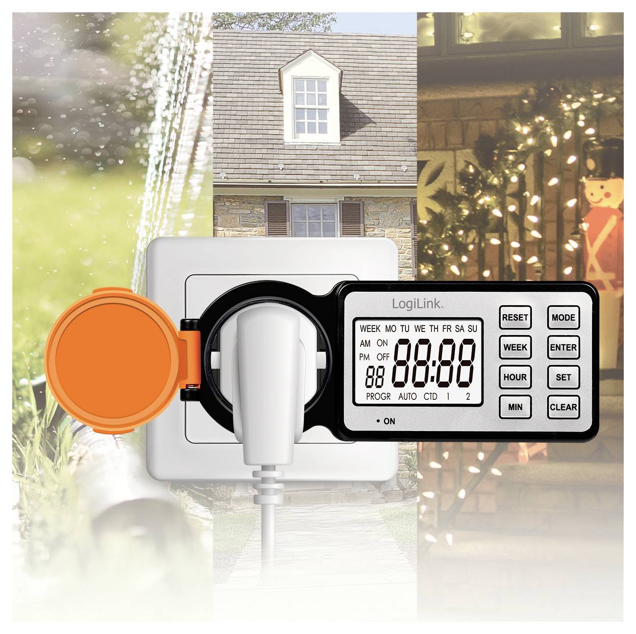 A water hose sprays next to a house with roof and Christmas lights. An electronic timer display shows 'LogiLink' and various settings.