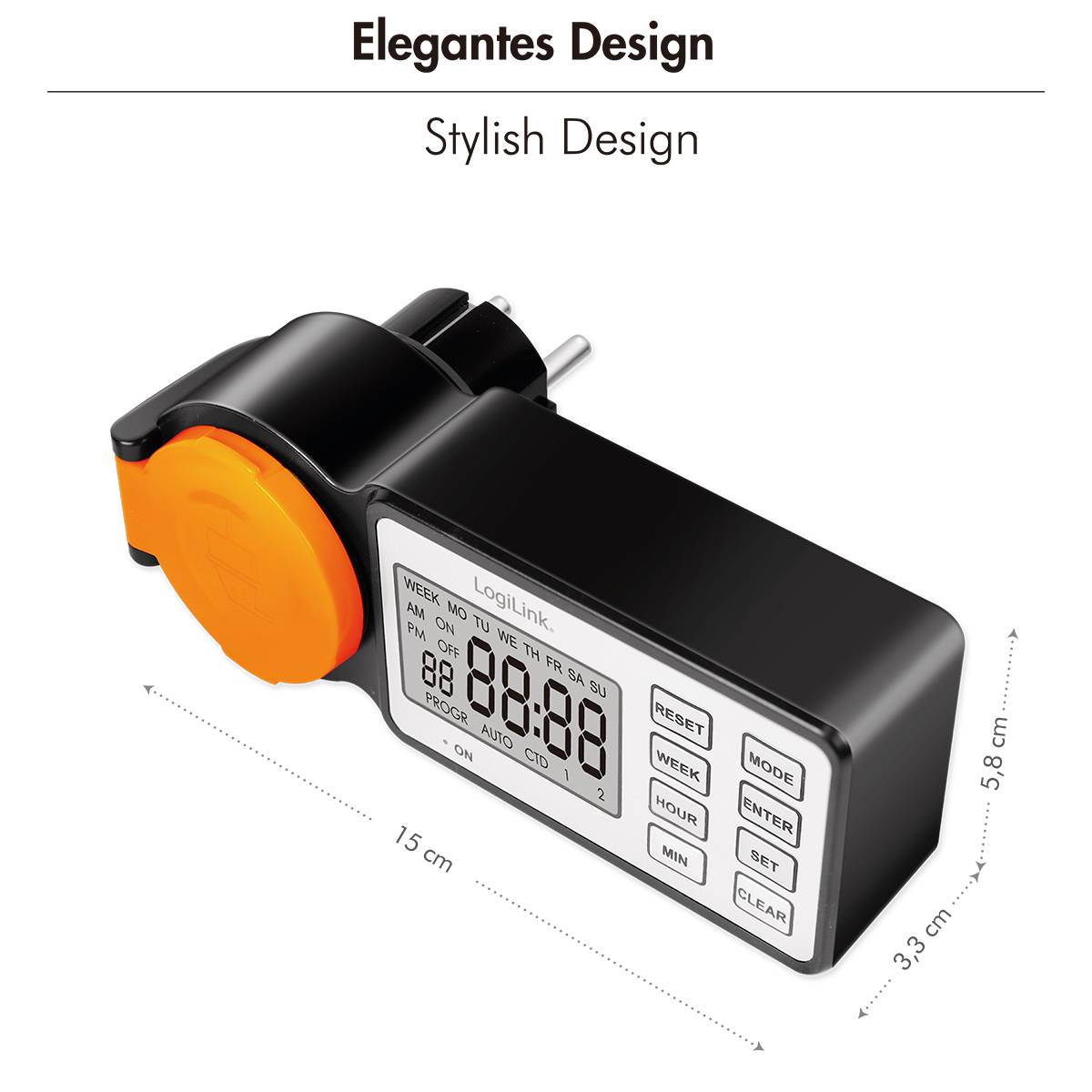 A digital timer with 'Stylish Design' label displays time and modes on the screen, featuring a sleek black and orange body.