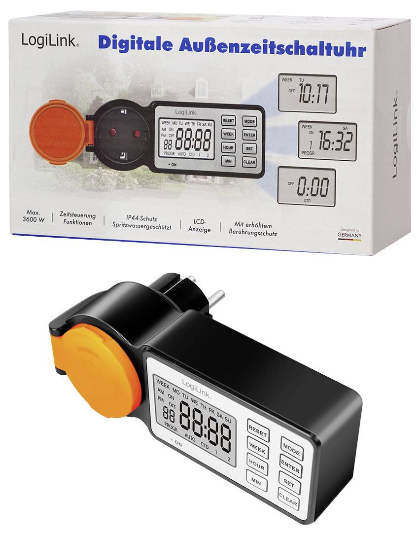 'LogiLink Digital Outdoor Timer' shows product with an LCD display and plug, features include 3600W max power, IP44 protection, and settings display.