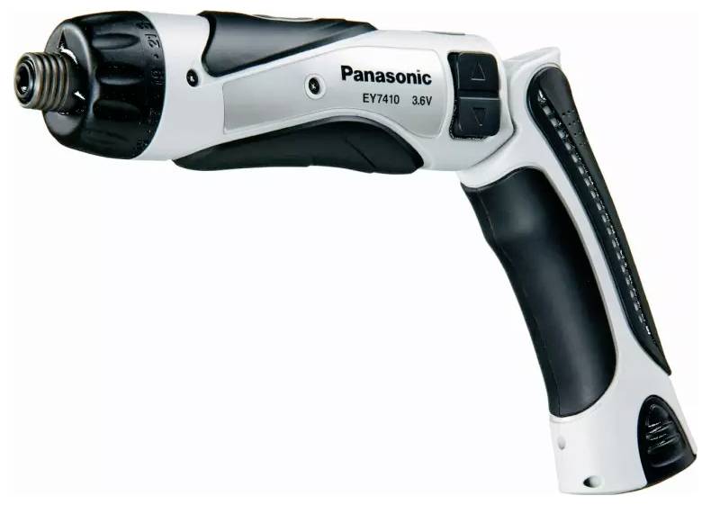 Cordless electric screwdriver with a black and white ergonomic handle, model 'Panasonic EY7410 3.6V', designed for precision tasks.