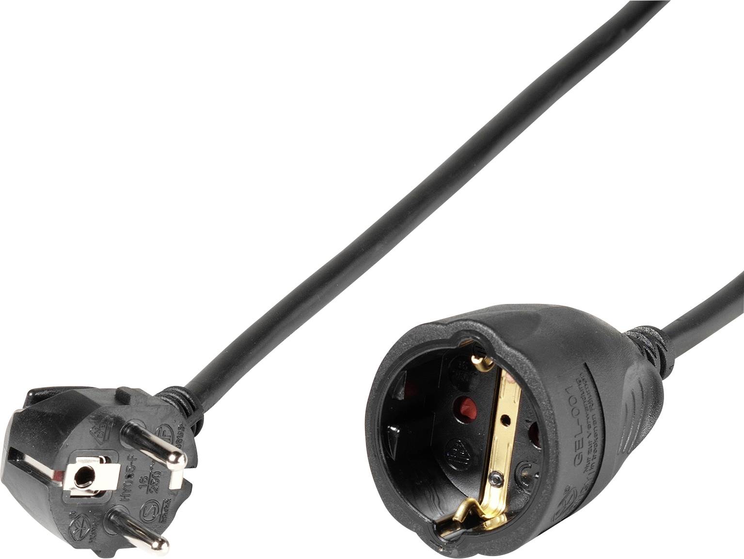 A black electrical plug connected to a female socket with exposed metal contacts, illustrating compatibility for power connections.
