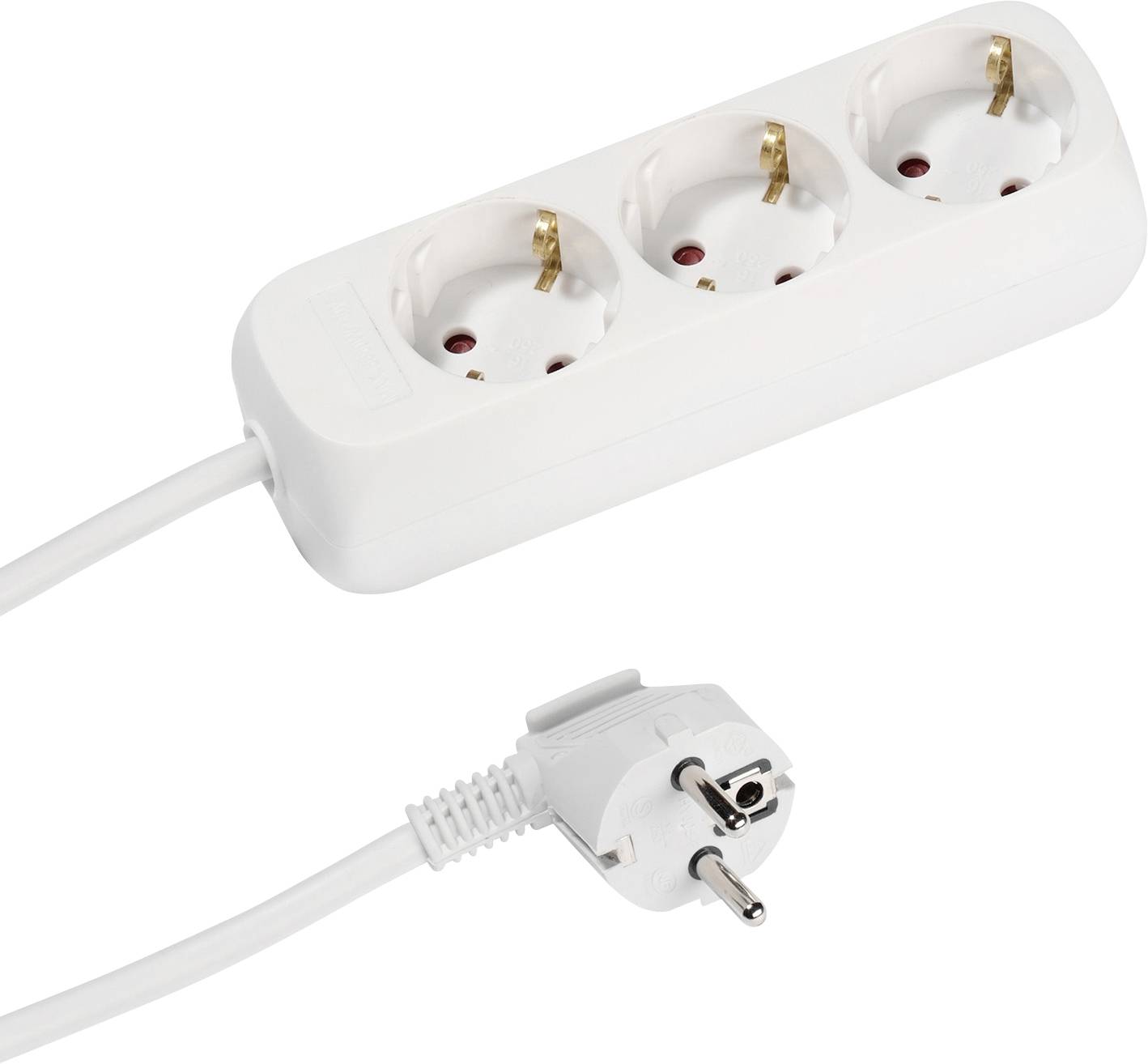 A white power strip with three sockets and an attached plug, used for expanding electrical outlet capacity.