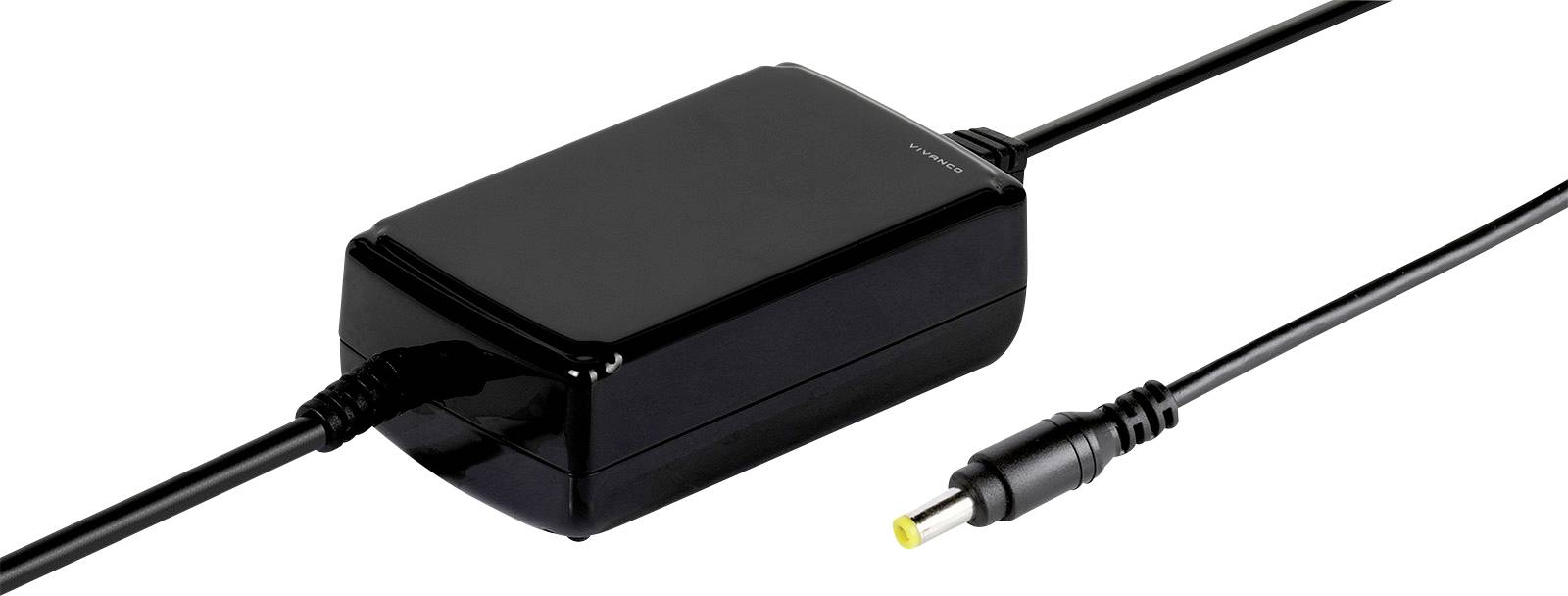 A black rectangular power adapter with a connected cable and a yellow-tipped connector, used for charging electronic devices.