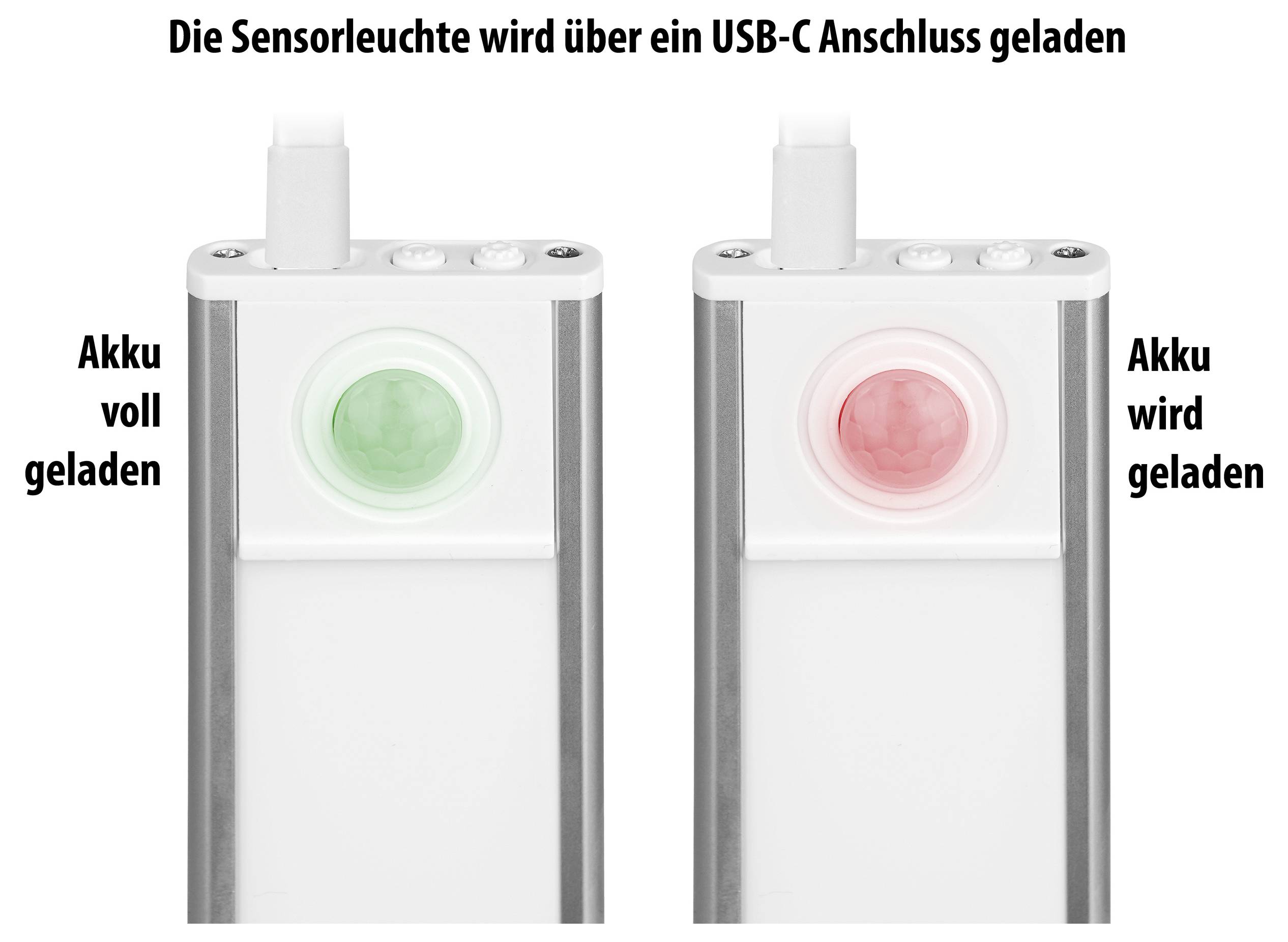 The sensor light indicates the charging status: Green means 'battery fully charged', Red means 'battery charging'. Operation via USB-C.