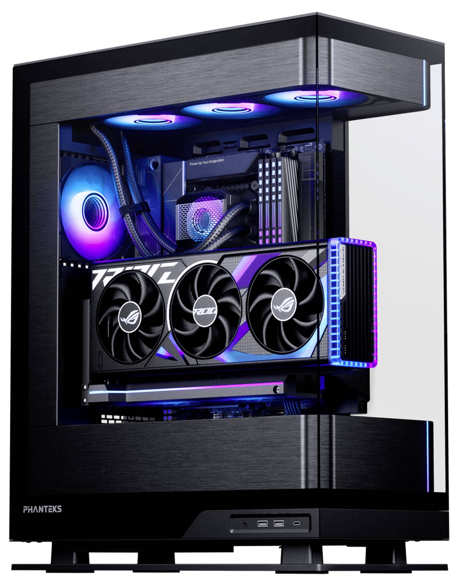 A gaming PC with RGB lighting, visible graphics card, cooling system, and transparent side panel, housed in a black Phanteks case.