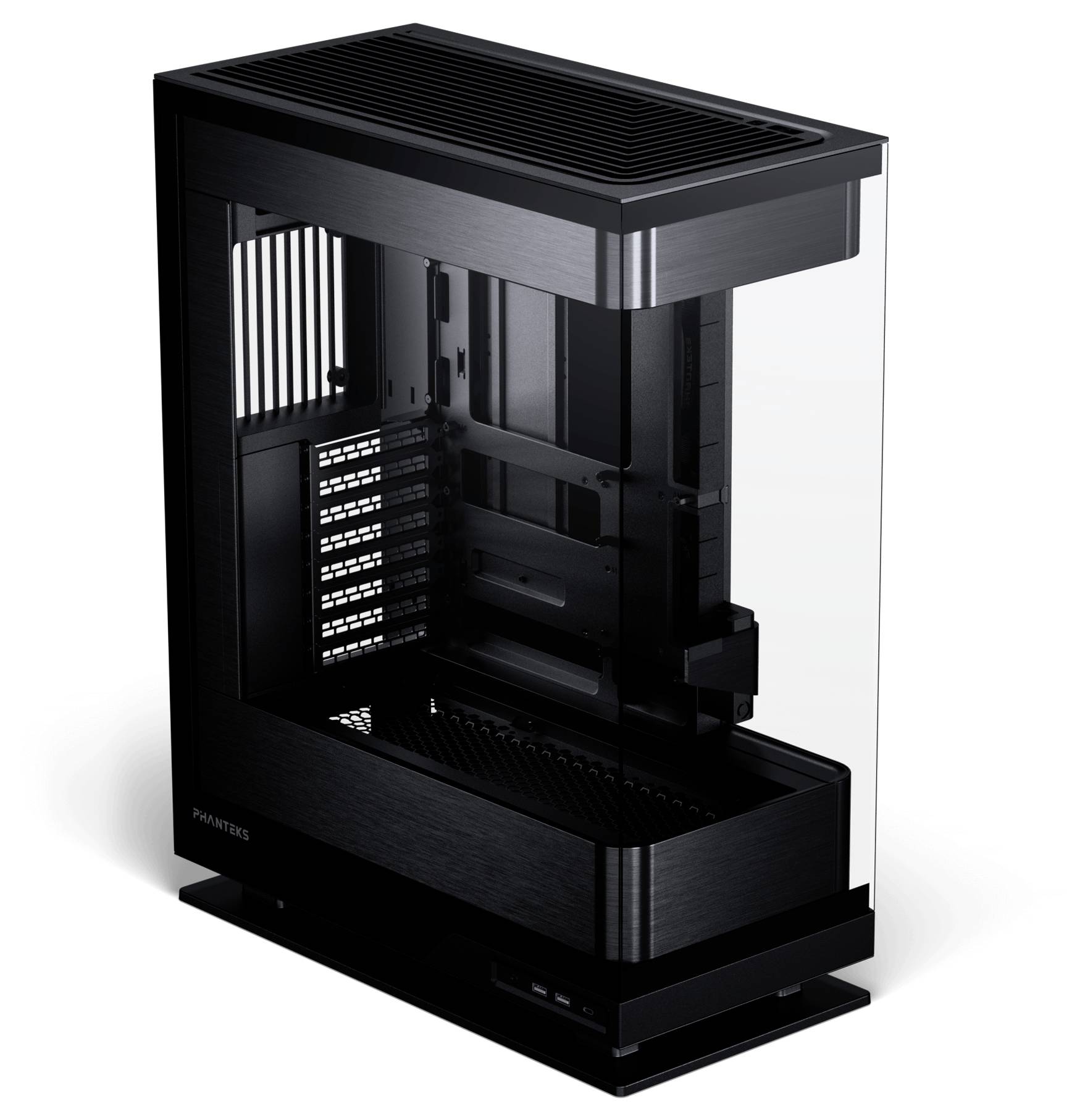 A tall, sleek, black computer tower with a transparent side panel and multiple internal slots, designed for housing computer components.