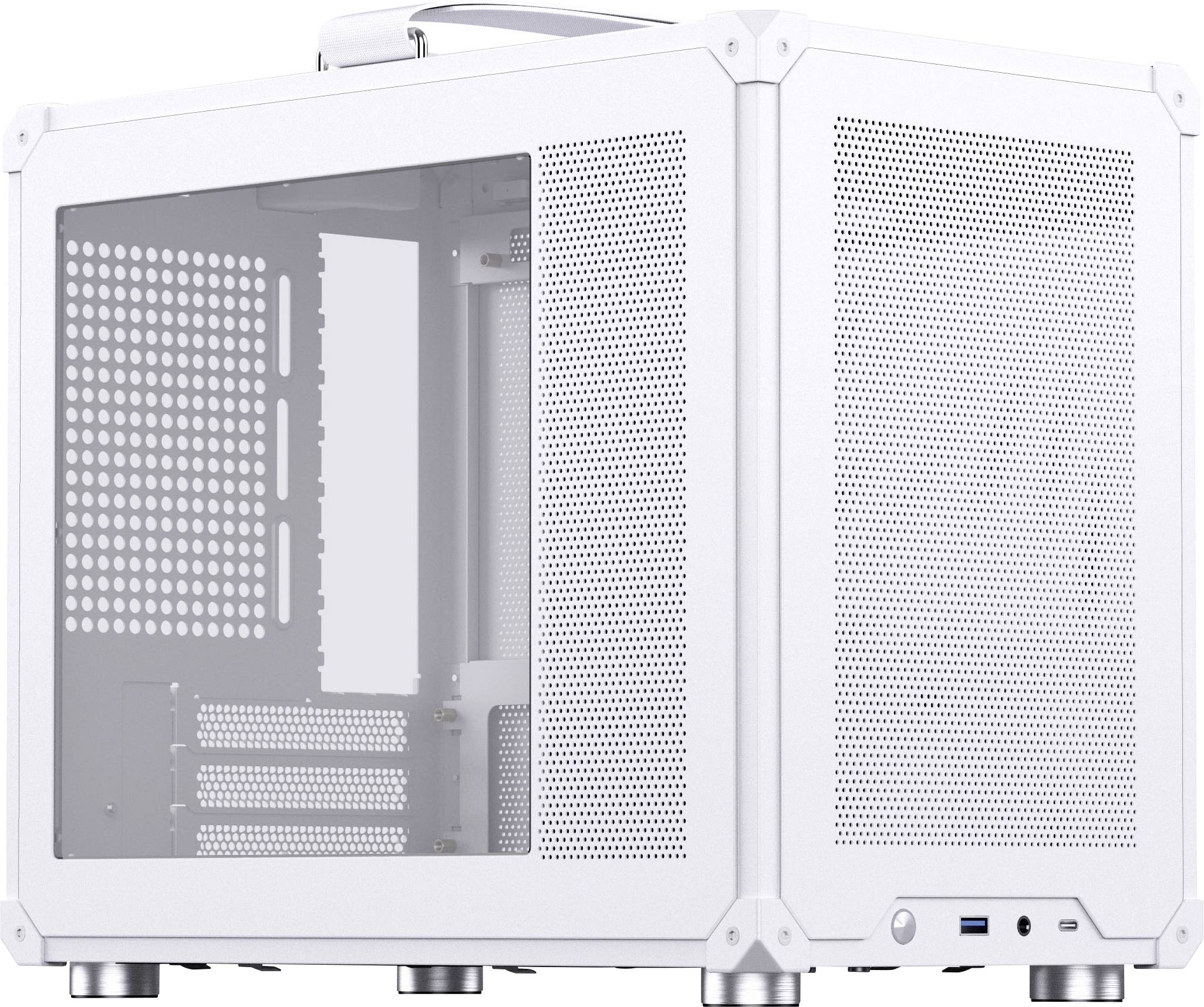 A white, cube-shaped computer case with a transparent side panel displaying interior slots and ports. The front features a USB port.