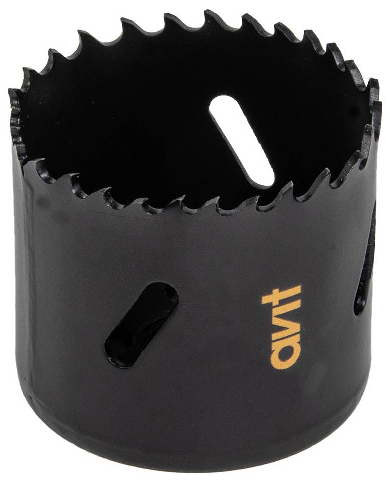 A black hole saw with sharp teeth and two slots for mounting, labeled 'avt'.